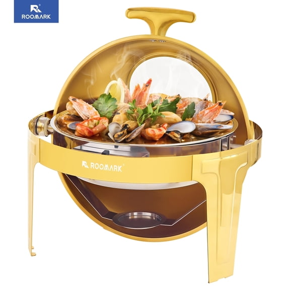 ROOMARK 6 Qt Chafing Dish Buffet Set, Roll Top Round Chafer Catering Food Warmer Set w/ Thick Frame for Catering Party Wedding,Gold