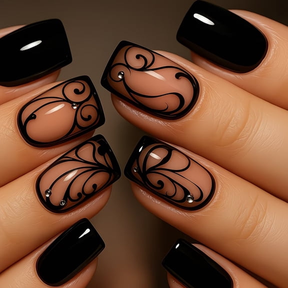 24 Pieces Medium Length Square Black Stripe Press on Nails - Reusable Nail Art for Fashion Enthusiasts