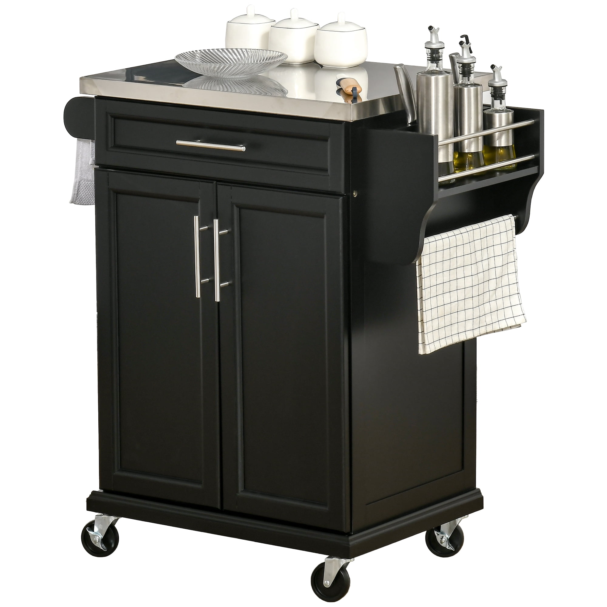 HOMCOM Rolling Kitchen Island Utility Trolley, Storage Cart on Wheels With Drawer, Spice Rack, Black