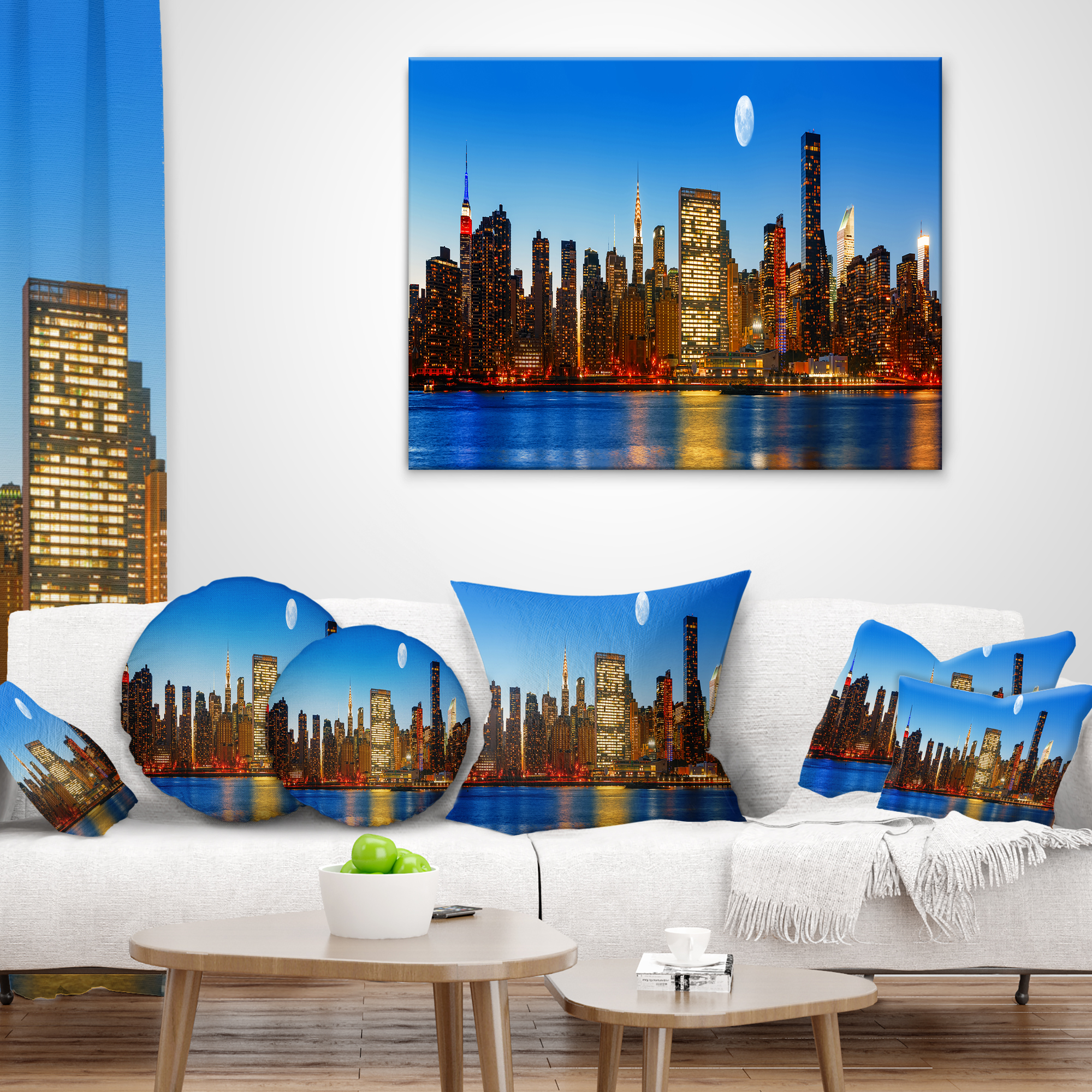 Designart Late Evening NYC Skyline Panorama - Cityscape Photo Throw Pillow - 18x18