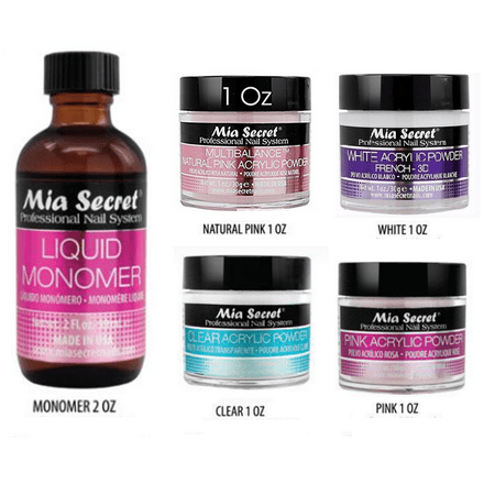 Liquid Monomer 2 oz &  1 oz acrylic powder clear, pink, White 3d, natural pink (Mulitbalance) 4 shade Mia Secret - Professional Acrylic Nail System - MADE IN USA! + FREE Temporary Body
