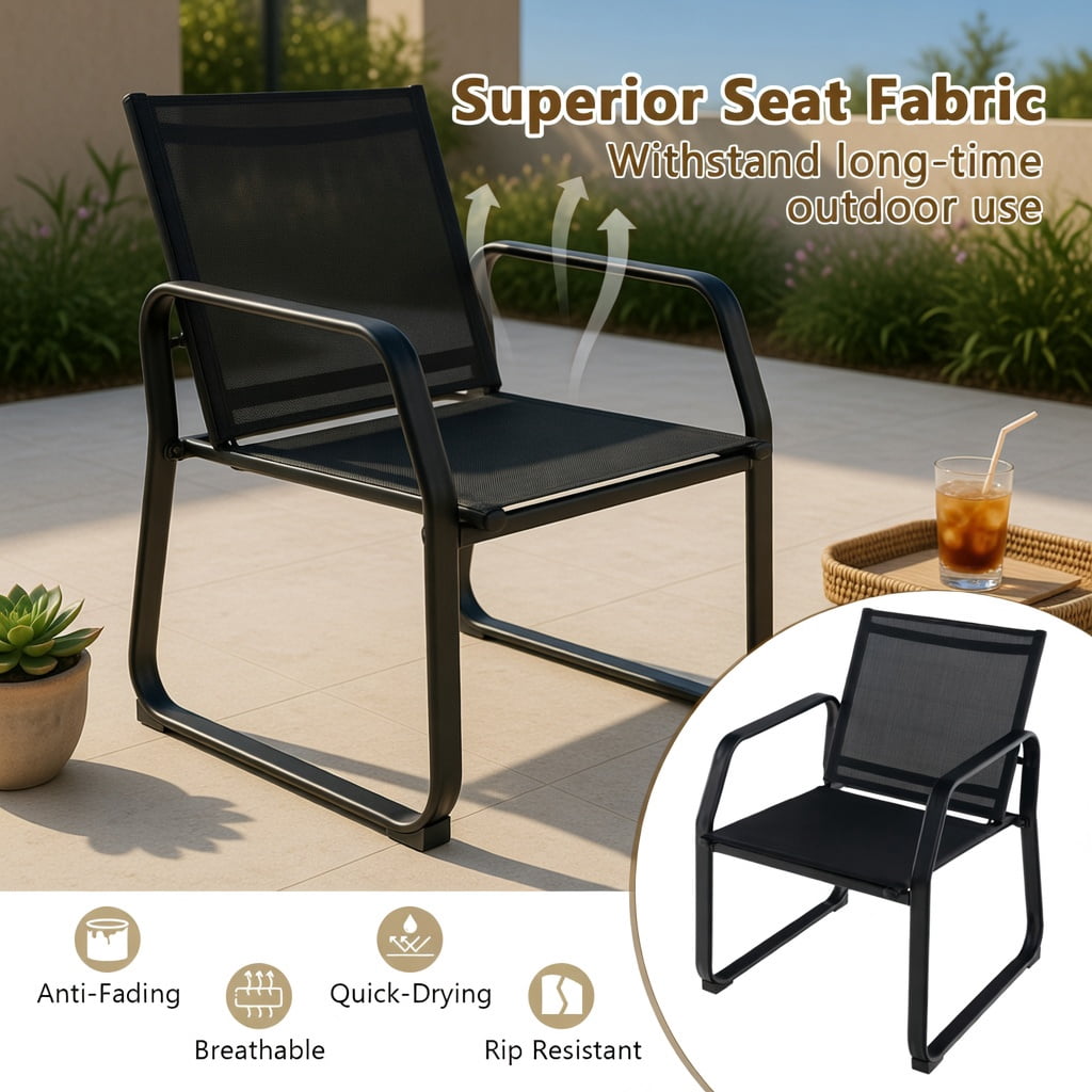 Hommoo 4-Piece Outdoor Patio Conversation Set, Metal Frame, Breathable Fabric Seating & Tempered Glass Coffee Table for Backyard, Deck or Balcony, Black