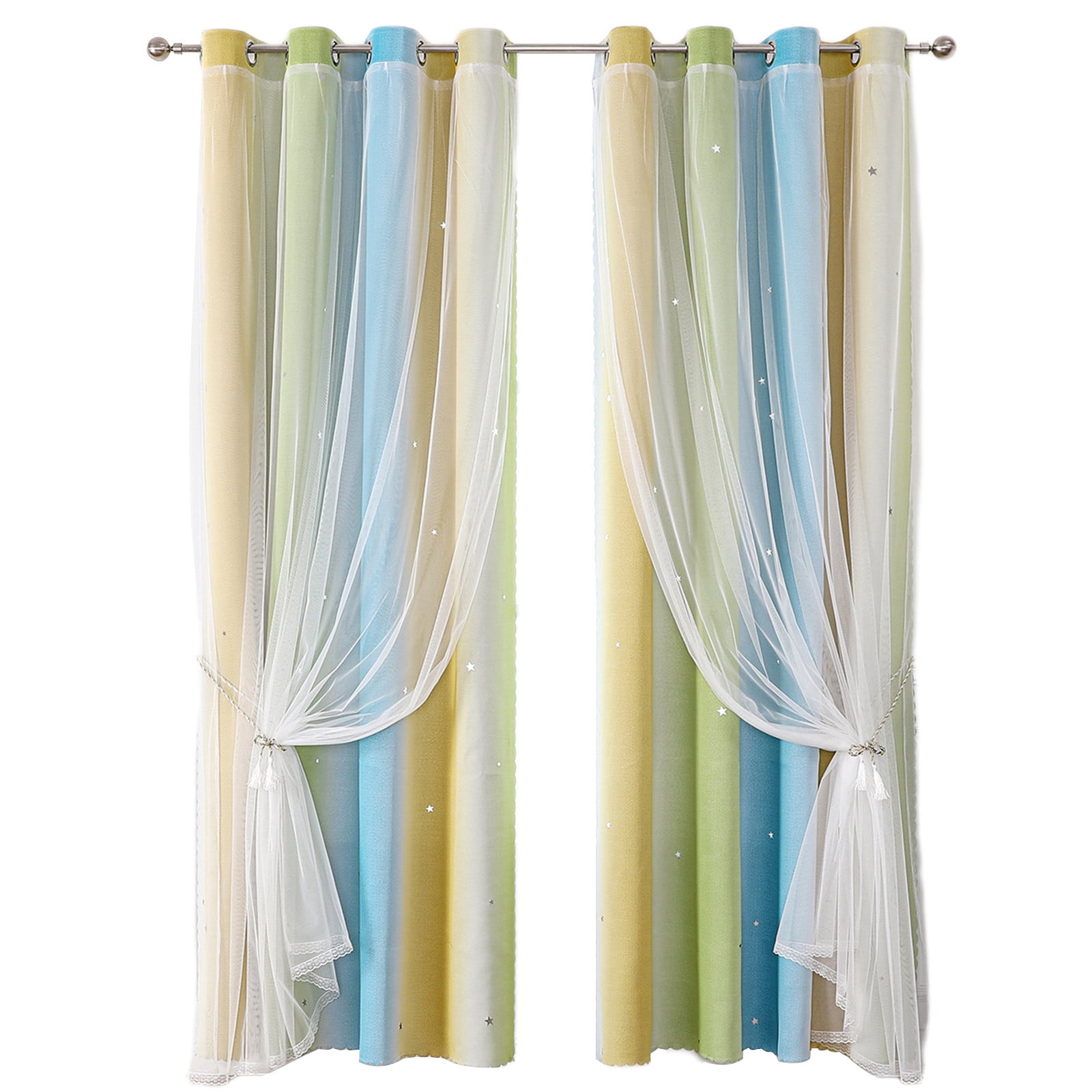 2-in-1 Double-Layer Kids & Girls Unicorn Princess Ombre Blackout Curtains with Foil Print Sheer,Panels for Bedroom, Nursery, Living Room - Yellow Purple Blue, 52W x 63L