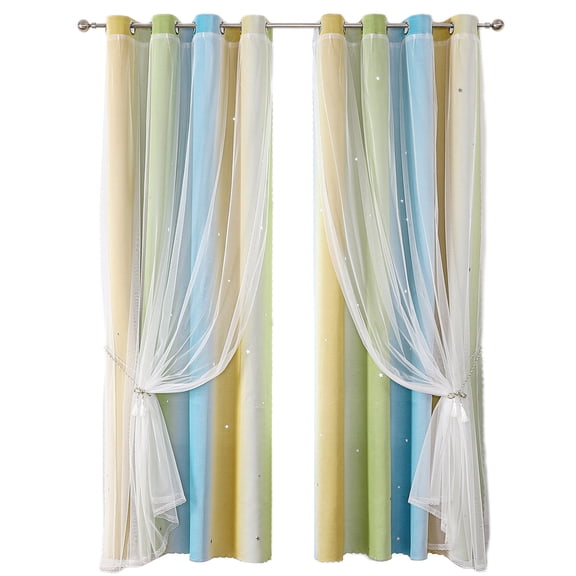 Sheer Grommet Curtains with Insulated Blackout Lining, Window Curtain Panels,Color Gradient Curtain with Sheer Overlay, Elegant Blackout Curtains for Bedroom ,Girls Curtains for Bedroom Clearance
