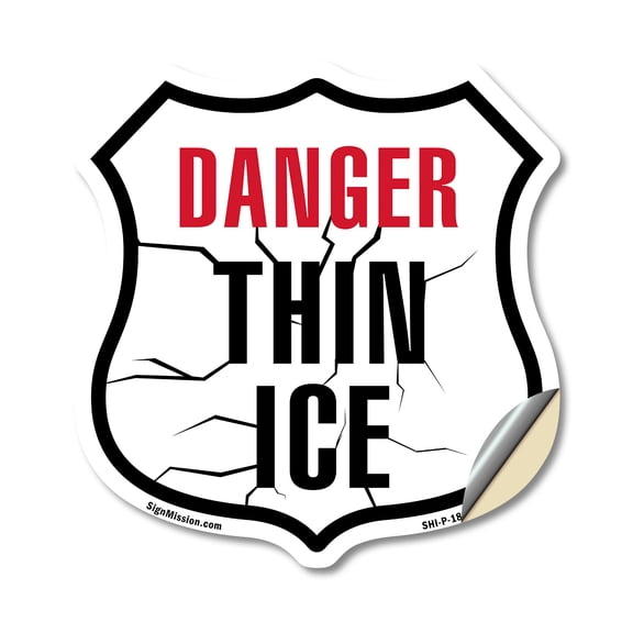 Danger Thin Ice 12 inch X 12 inch Shield Shaped Heavy Duty 3.2 mil Vinyl Decal Weather Resistant Made in the USA