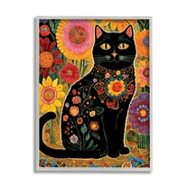 Stupell Industries Cat with Patterned Florals Animals & Insects Painting Gray Framed Art Print Wall Art, 24 x 30