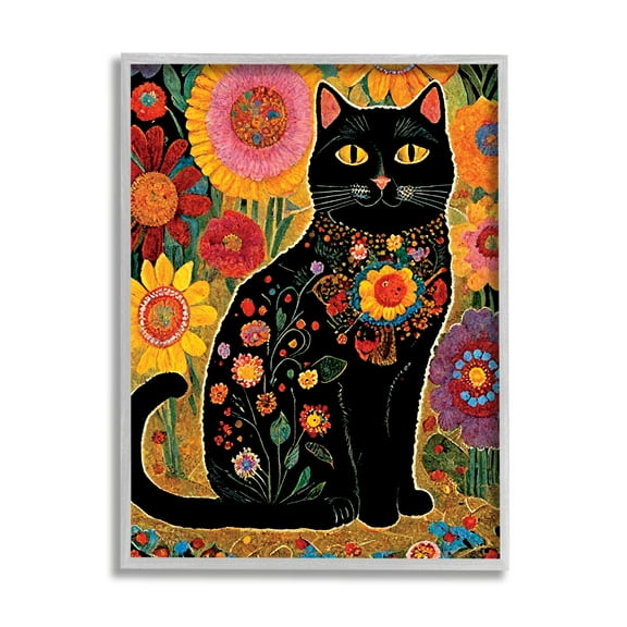 Stupell Industries Cat with Patterned Florals Animals & Insects Painting Gray Framed Art Print Wall Art, 24 x 30