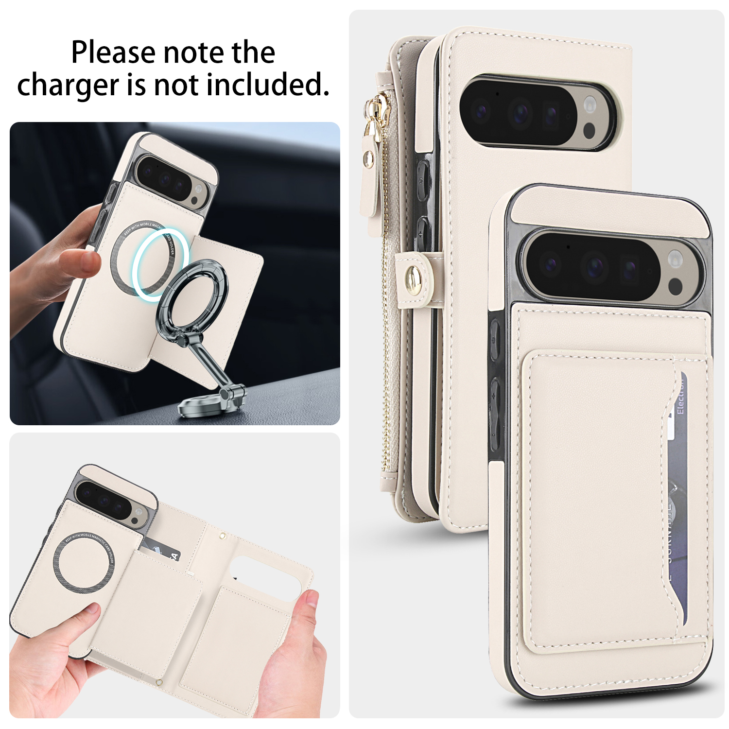 Designed for Google Pixel 9A Multi-Function Wallet Phone Case,With Shoulder Strap&Wrist Strap,Cash Pocket&Card Slots,Zipper Purse,Magnetic Detachable PU Leather Flip Phone Case,White