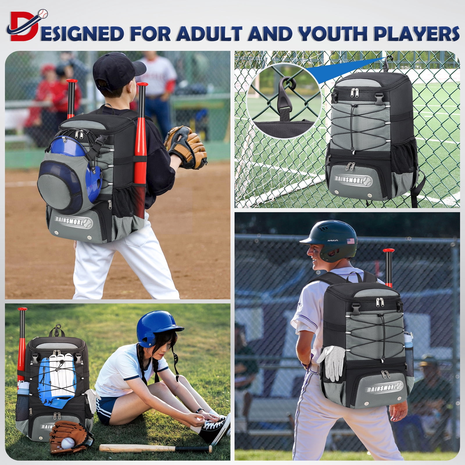 Baseball Bag for Youth & Adult Lightweight Softball Bat Bag with Shoe Compartment, External Helmet Holder and Fence Hook Waterproof Baseball Backpack Hold T-Ball, Bat and Softball Equipment, Grey