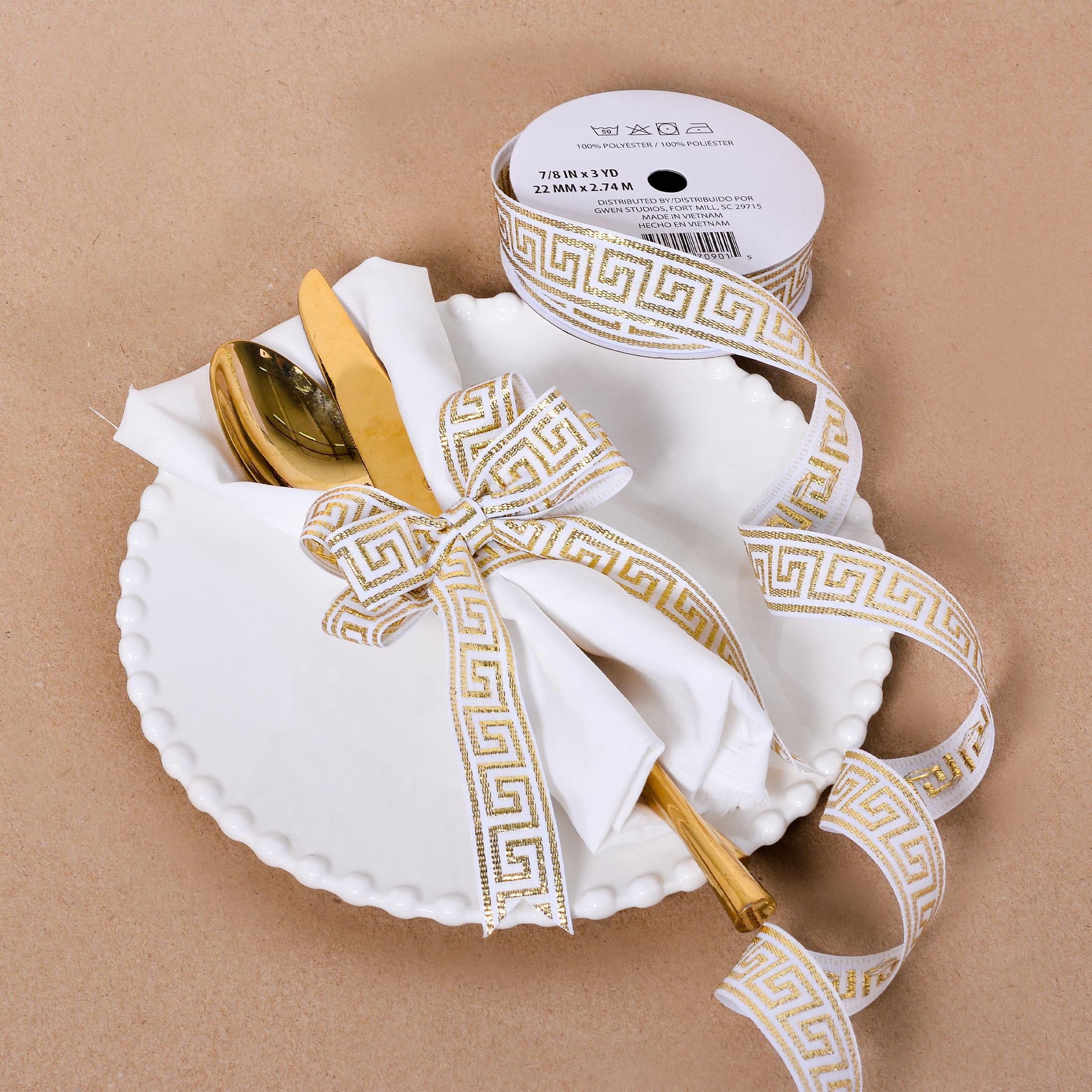 Gwen Studios 7/8" White and Gold Jacquard Ribbon, 3 Yards