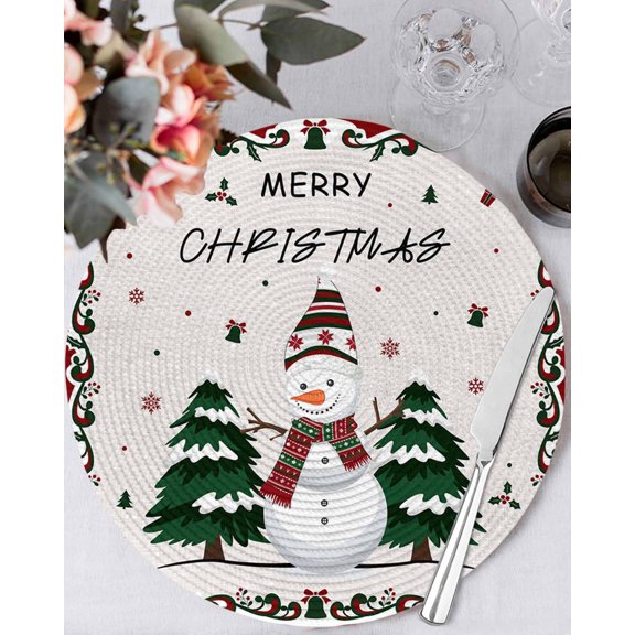 13 Inch Round Placemats Set of 6, Christmas Snowman Non Slip Heat Insulation PP Table Mats, Xmas Tree Snowflake Burlap Winter Washable Place Mats for Kitchen Dining Party Table Decor