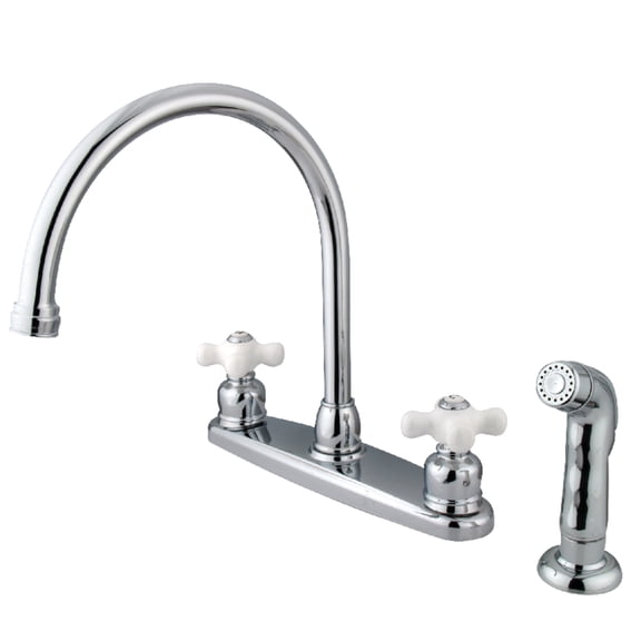 Kingston KB721PXSP Vintage Two-Handle 4-Hole 8" Centerset Kitchen Faucet with Side Sprayer in Polished Chrome