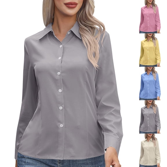 Miluxas Women's Button Down Shirts Long Sleeve Dressy Casual Tunic Shirts Collared Work office Solid Blouses Tops Summer Basic Blouses Yellow