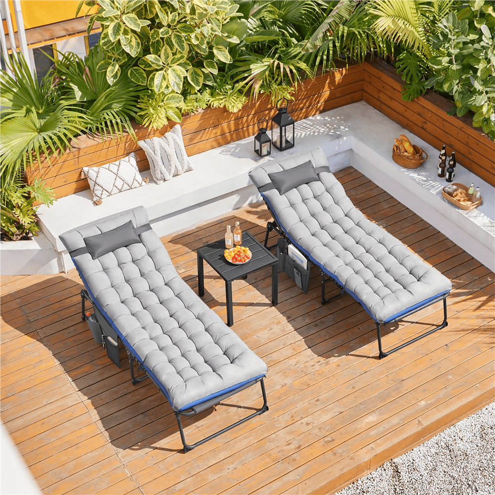 Renwick Outdoor Folding Tanning Chair with Removable Padded Cushion, Gray