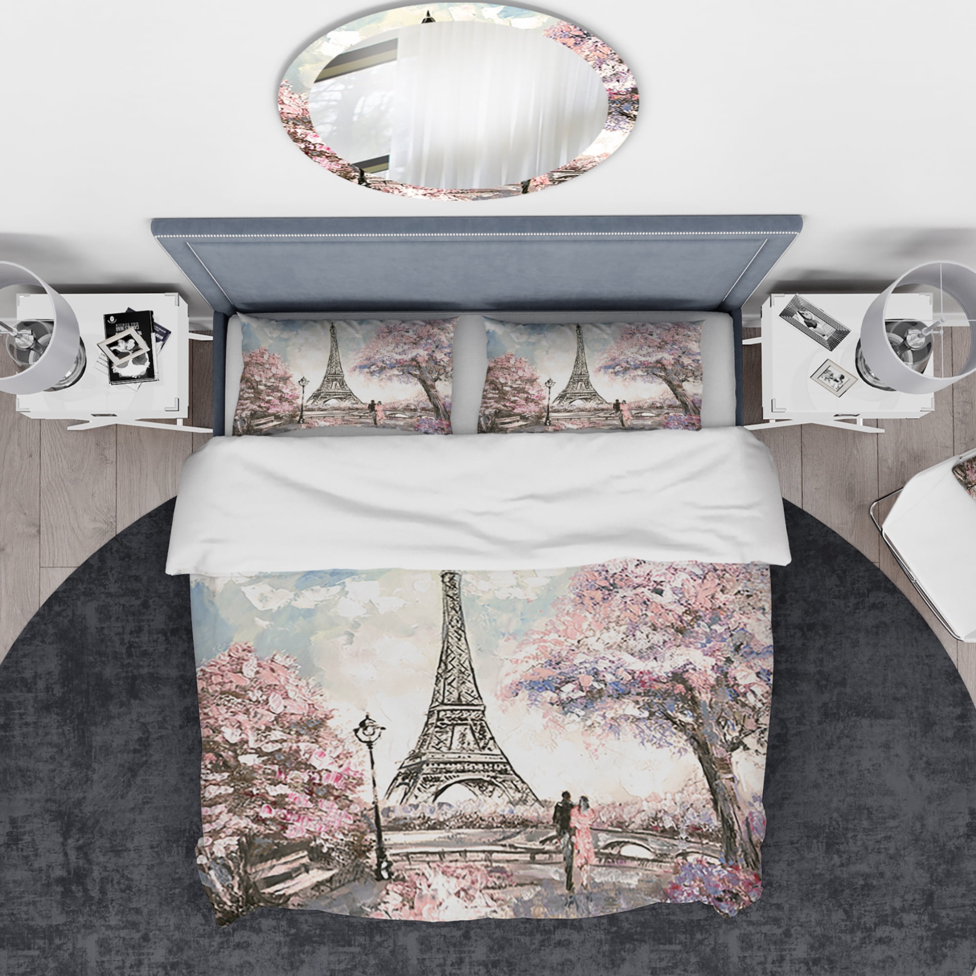 Designart 'Eiffel with Pink Flowers' Global Inspired Duvet Cover Set