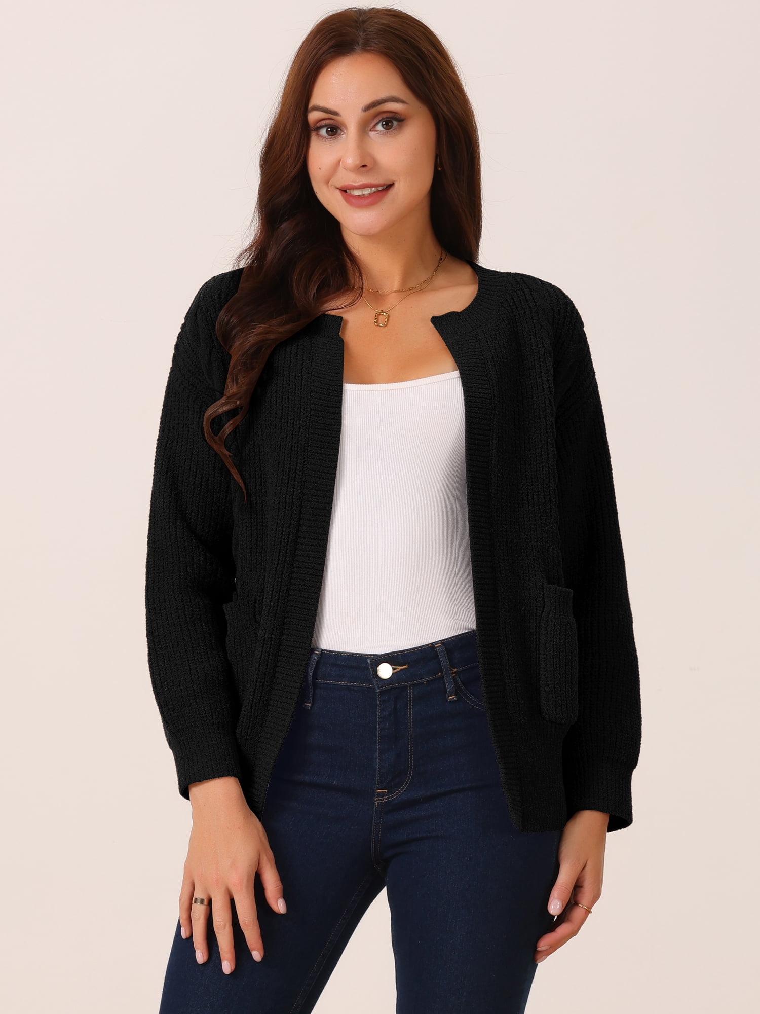 DARING DIVA Women's Open Front Knitted Casual Cardigan with Pockets L Black