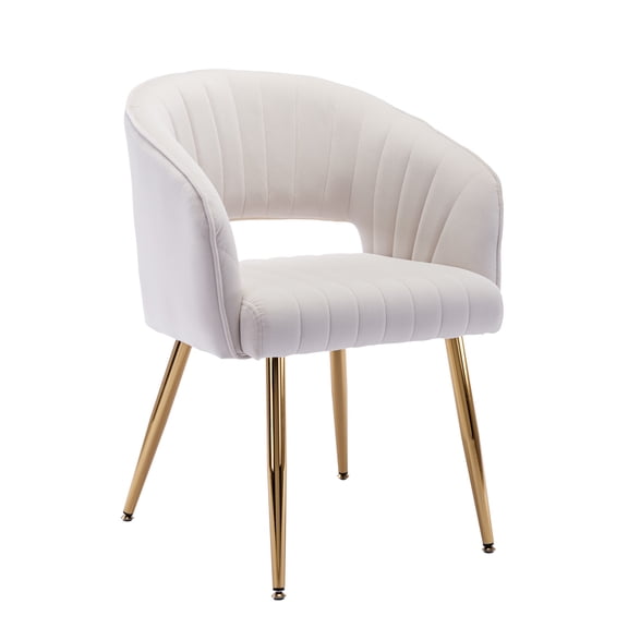 KCC Modern Accent Dining Chairs, Upholstered Velvet Home Office Desk Chairs with Hollow Back, Tufted Vanity Chairs Side Chairs with Gold Metal Legs for Living Room Restaurant, 1 PC & Cream