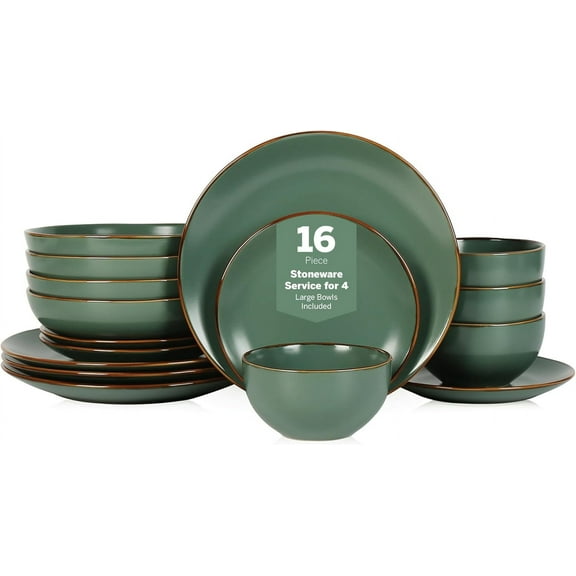 Brasa Modern Stoneware 16 Piece Dinnerware Sets, Plates and Bowls Sets, Dish Set for 4, Green