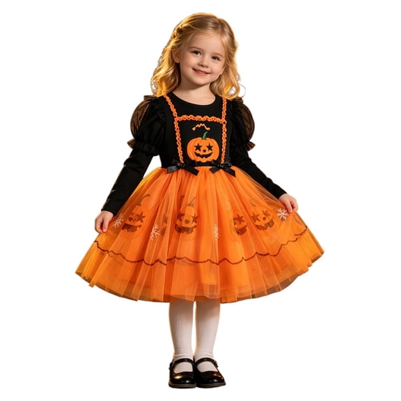 Vividxx Toddler Girl Halloween Dress Pumpkin Print Tulle Dress Long Sleeve Ruffle Mesh Tutu Dress Fall Party Outfit for Kids 18-24 Months