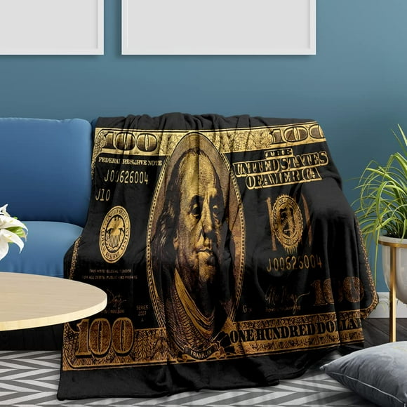 GUBIYU Black Gold Money Blanket 100 Dollar Bills Pattern Print Million Dollar Blanket Gifts for Women Kids Girls Men Home Bedroom Living Room Wealth Decor Soft Cozy Lightweight Throw Blankets 70"x80"
