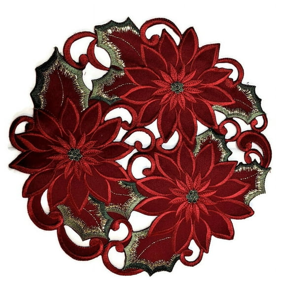 Doily Boutique Christmas Round Doily with Red Cutwork Poinsettias, Size 11 inches