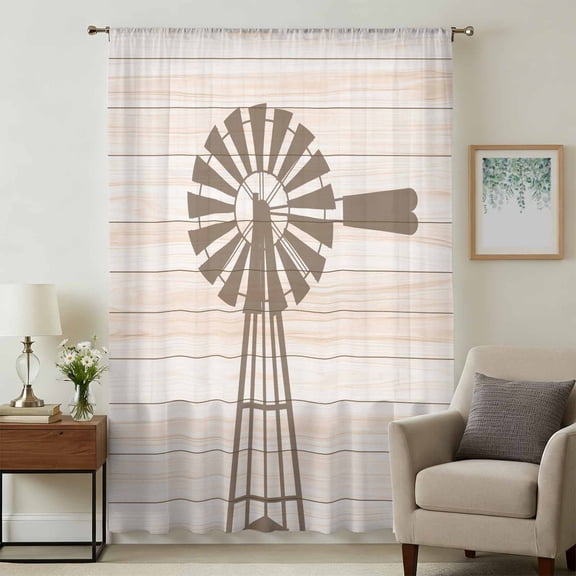 Rustic Windmill Sheer Curtains 84 Inches Long, Vintage Country Farmhouse Wooden Grain Light Filering Curtains, Breathable Simi Curtain Privacy Drapes for Living Room Bedroom Window Treatment