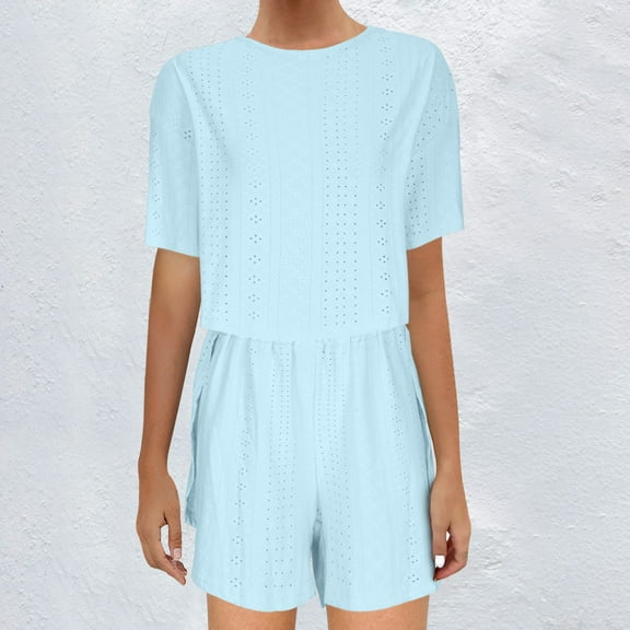 Honeeladyy Two Piece Outfits for Women Short Sleeve Shirts Wide Leg Shorts Suits Loose Solid Summer Lounge Sets Light Blue XXL