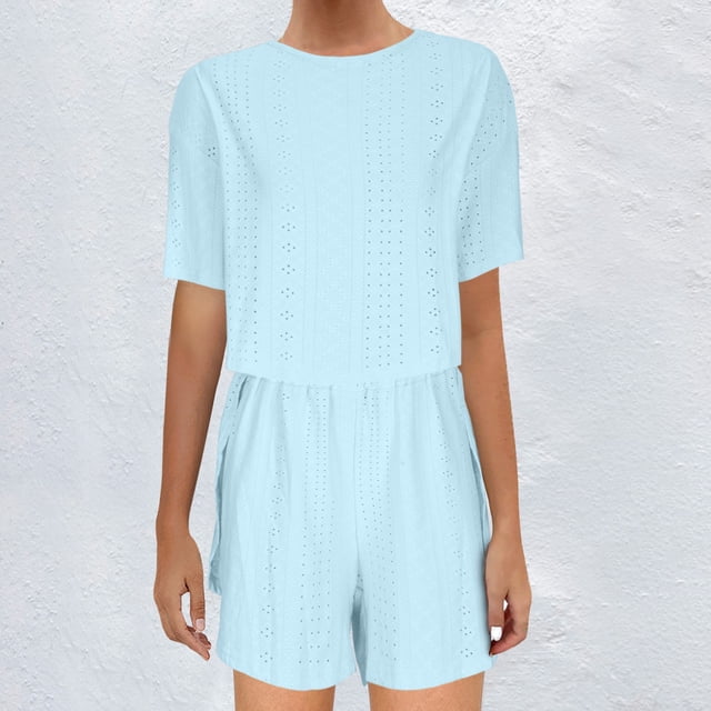 Qiopertar Ensemble Décontracté pour Femmes, Couleur Unie, Large, Chemise Courte, Col Rond, Manches Courtes, Liquidation, Livraison Gratuite, Offres de la Semaine