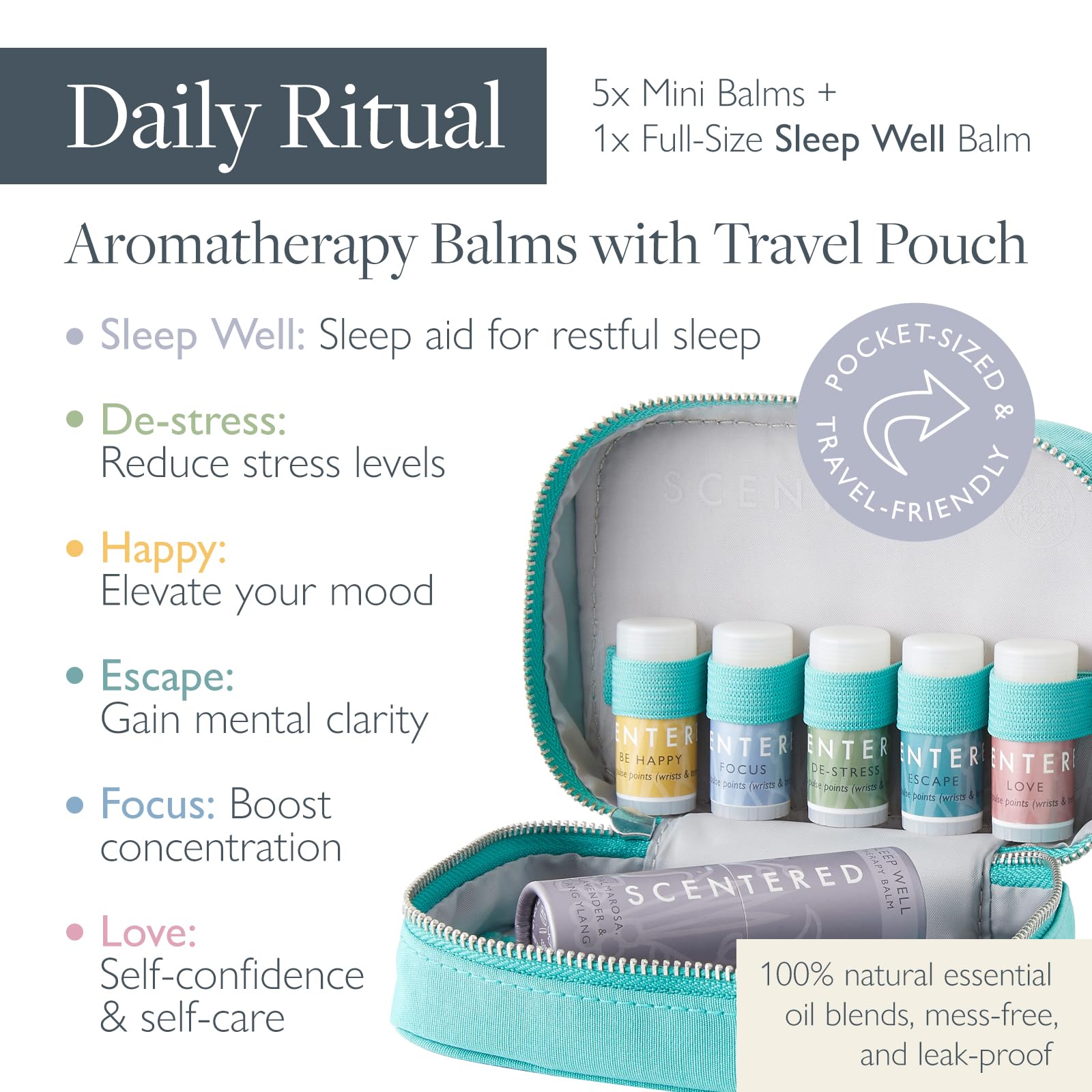 Scentered Aromatherapy Essential Oils Balm Gift Set - DAILY RITUAL - Sleep Well (5g) + 5 x Mini Balms: De-Stress, Focus, Happy, Escape & Love - Relaxing Gifts for Women