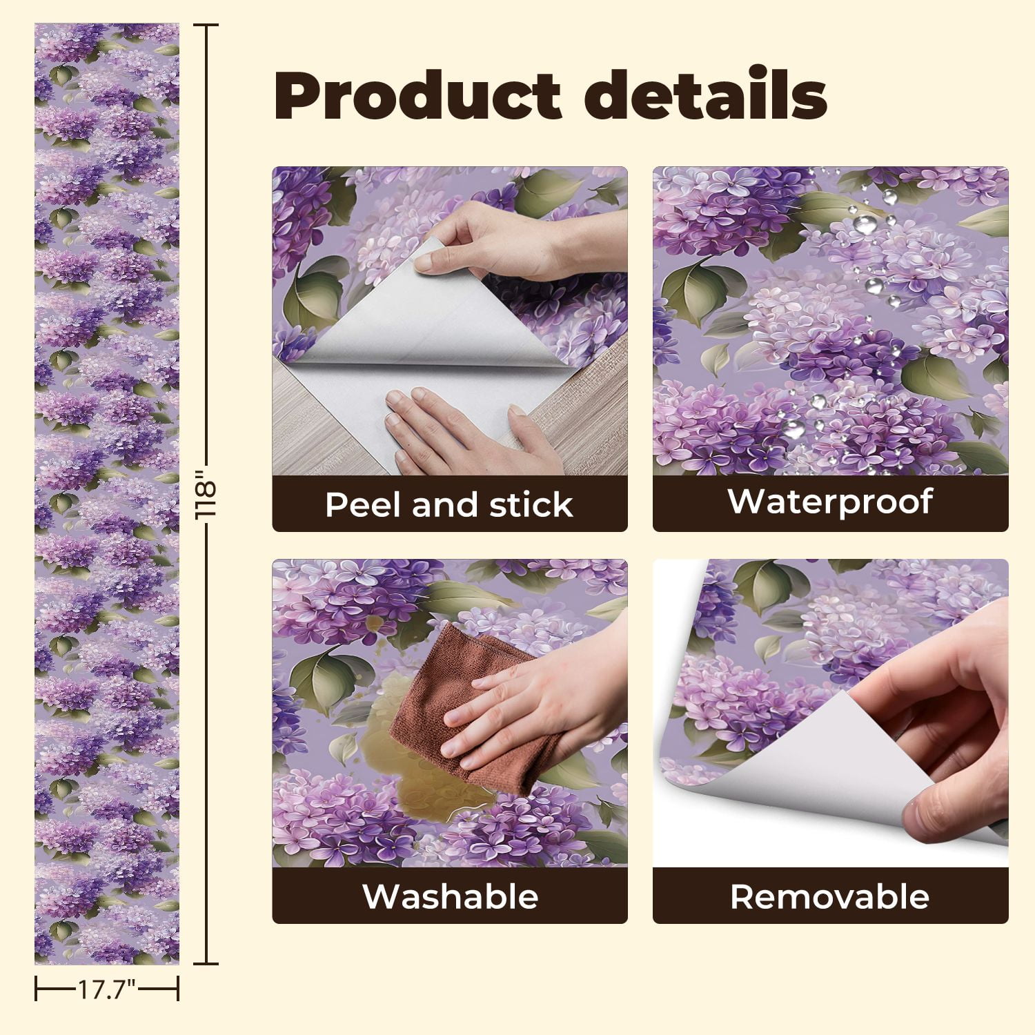 Flower Peel and Stick Wallpaper 17.7in x 9.8ft Lilac Floral Purple White Blossoms Soft Lavender Contact Paper Vinyl Waterproof Self Adhesive Wall Paper for Bedroom Shelf Cabinet Renter Friendly
