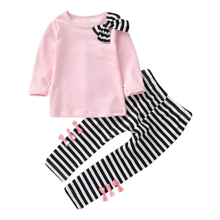 

EHTMSAK Toddler Baby Children Girl Outfits Long Sleeve Clothing Set Bow T Shirts and Striped Pants Set Pink 2Y-6Y 120