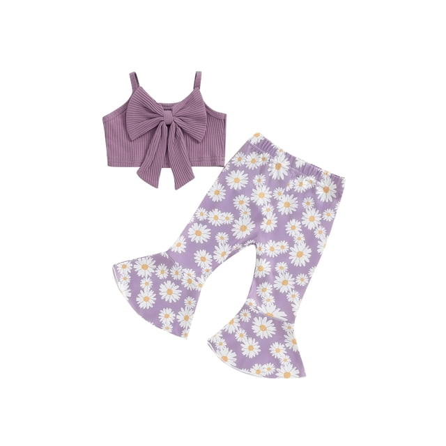 Gupgi 0-4Y Lovely Toddler Girls Summer Clothes Sets 2pcs Kids Solid Color Ribbed Bowknot Tank Tops Daisy Flare Pants