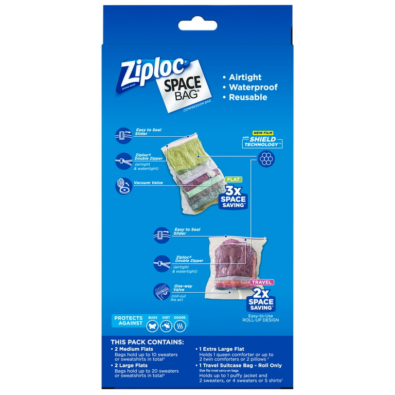 ZIPLOC Space Bag Roll Up Dual Use Clothing Storage Bags NEW 5 Total Travel