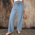 thumbnail image 3 of Dwellite Wide Leg Pants for Women Summer Cotton Linen Palazzo Drawstring Elastic Waist Beach Trousers with Pockets Sky Blue M, 3 of 7