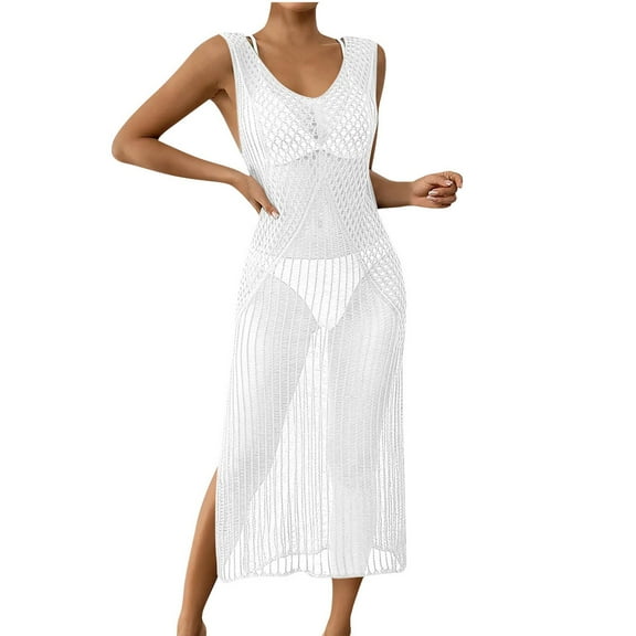 Taqqpue Women's Crochet Swimsuit Cover Up Solid Color V Neck Sleeveless Ribbed Sweater Dresses Casual Summer Loose Fit Long Beach Dress