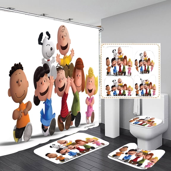 Bathroom 4 Pieces Set Charlie Brown Snoopy Shower Curtain Toilet Lid Cover and Bath Mat, Non-Slip Rugs Durable and Waterproof, for Bathroom Decor Set, 72" x 72"