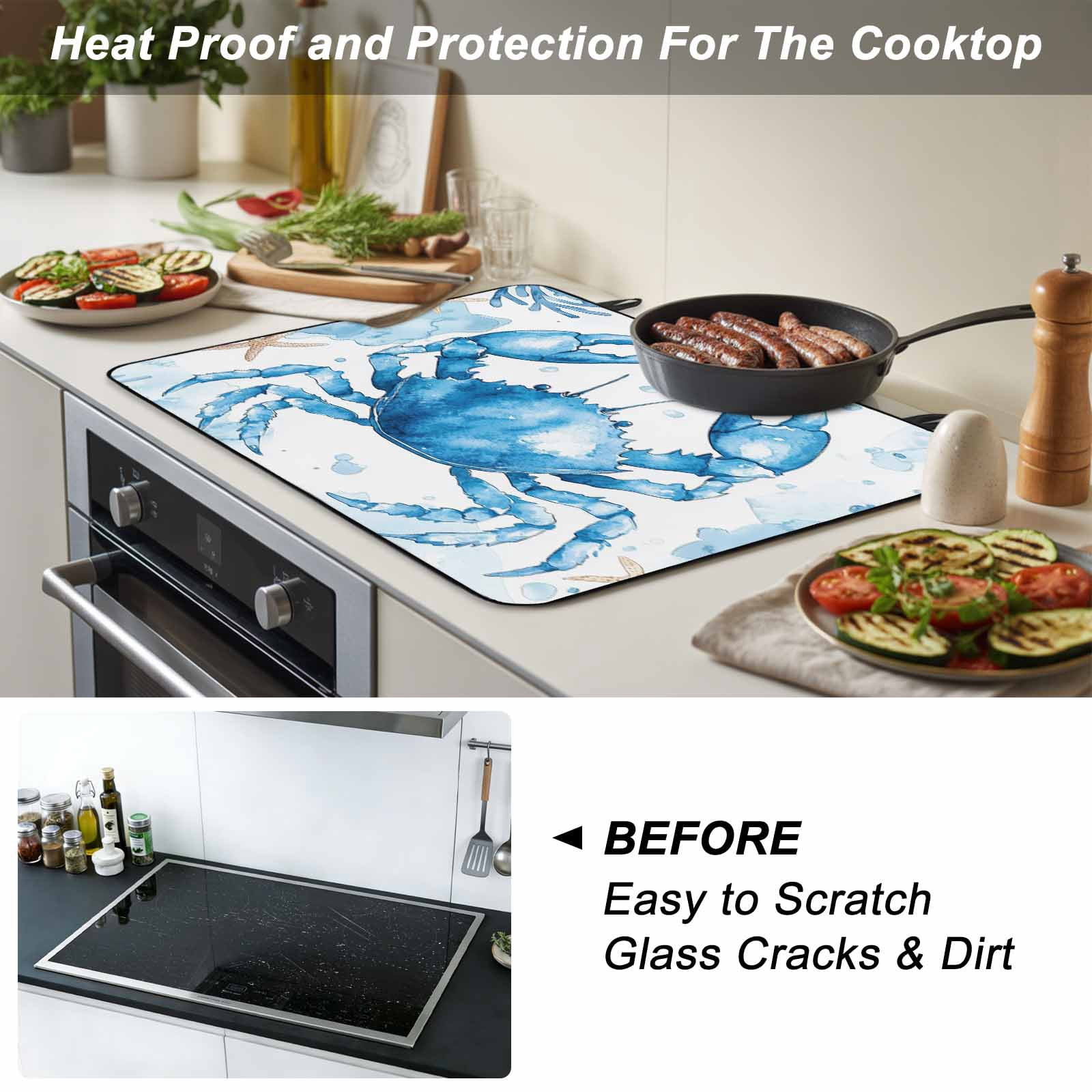 Coastal Crab Stove Top Cover for Electric Stove, Heat-proof & Non Slip Glass Top Stove Cover Protector, Summer Beach Starfish Coral Nautical Kitchen Flat Cooktop Rubber Mat 24x21 Inches