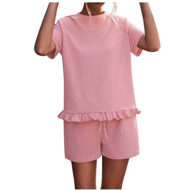Birdeem Womens Spring and Summer Plain Round Neck Ruffle Short Sleeve Shorts Casual Suit