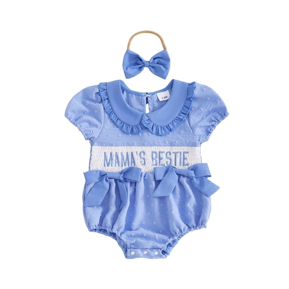 BemeyourBBs Mama's Bestie Baby Girls Summer Newborn Baby Girl Smocked Romper Outfits Adorable Letter Embroidery Short Sleeve Doll Collar Bodysuit And Headband Set
