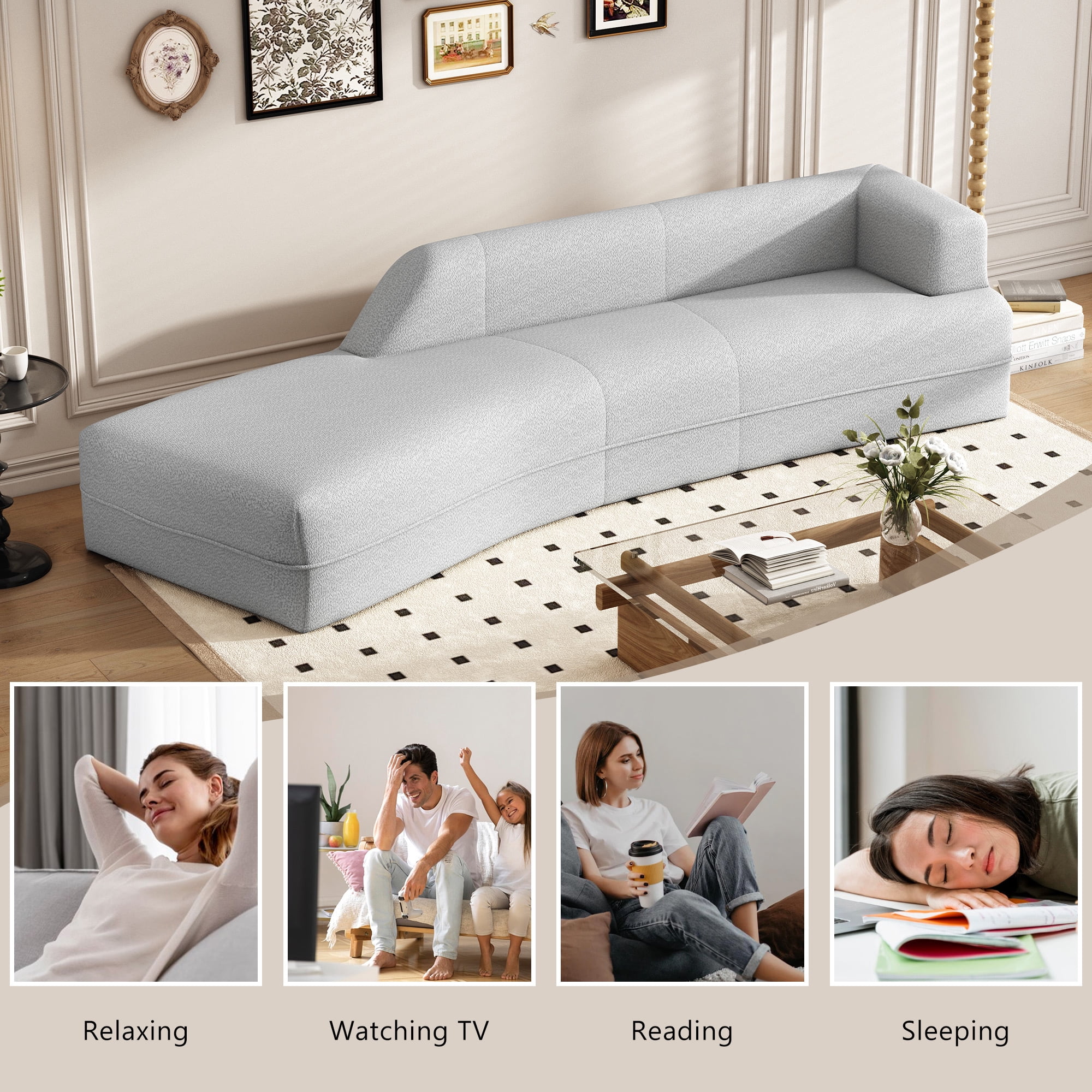 Aukfa 109.4" Curved Chaise Lounge Sofa Couch for Living Room, Boucle, Gray