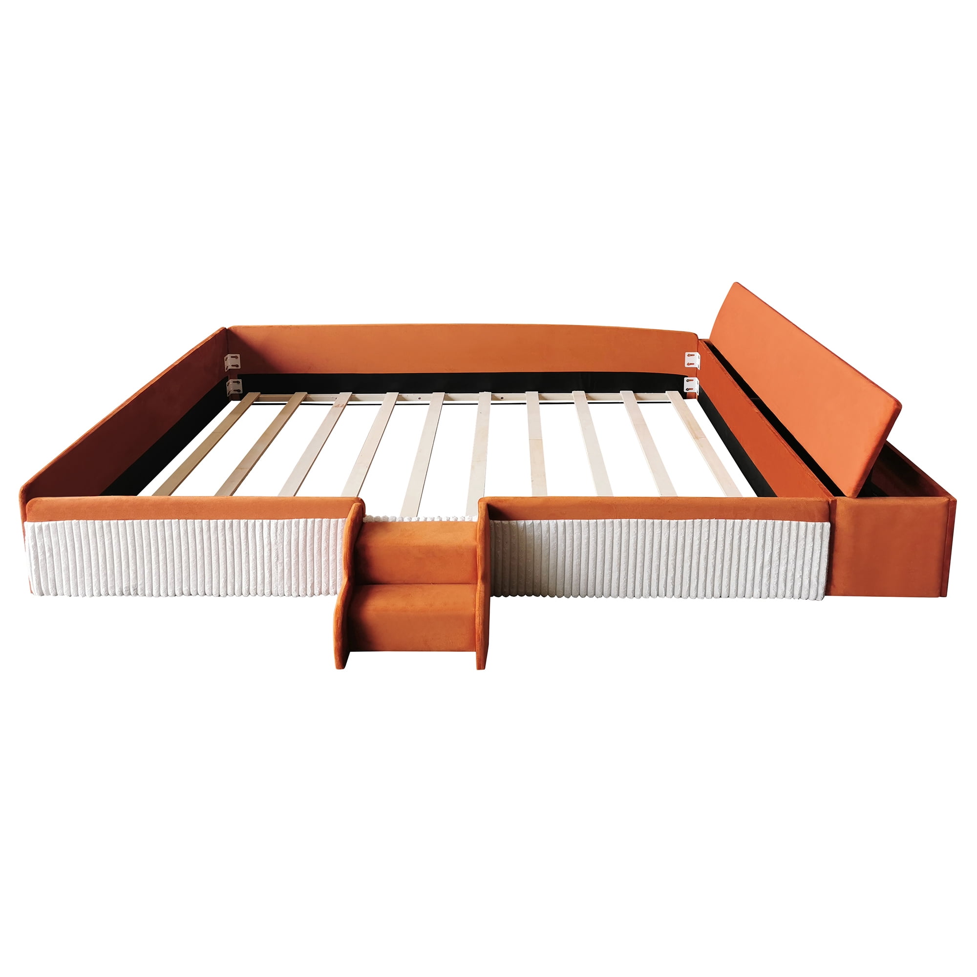 Leumius Queen Size Floor Bed Frame with Stairs & Gas Lift Storage Ottoman, Velvet Upholstered Daybed with Padded Guardrails, Brown+White