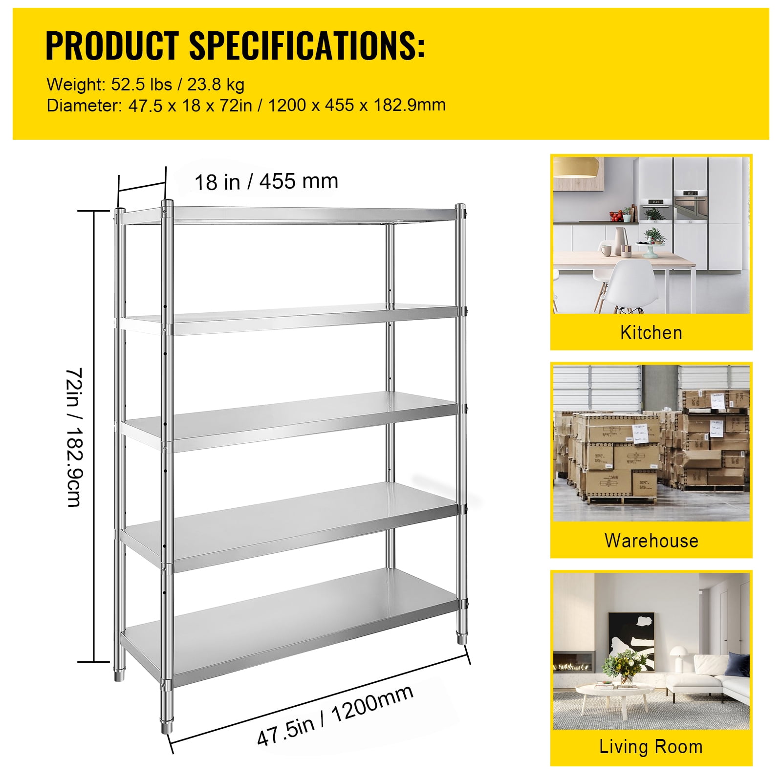 KFFKFF 48x18.5 inch 5 Stainless Steel Shelving Tier Unit Stainless Steel Heavy Duty Shelving Adjustable Shelf Storage for Kitchen Commercial Office Garage Storage 330lb per shelf