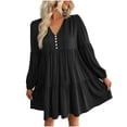 thumbnail image 1 of Yuyuzo Women Dresses Long Sleeve Drawstring Button V Neck Tiered Ruffle Flowy Boho Short Dress Solid Color, 1 of 7
