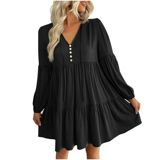 Yuyuzo Women Dresses Long Sleeve Drawstring Button V Neck Tiered Ruffle Flowy Boho Short Dress Solid Color
