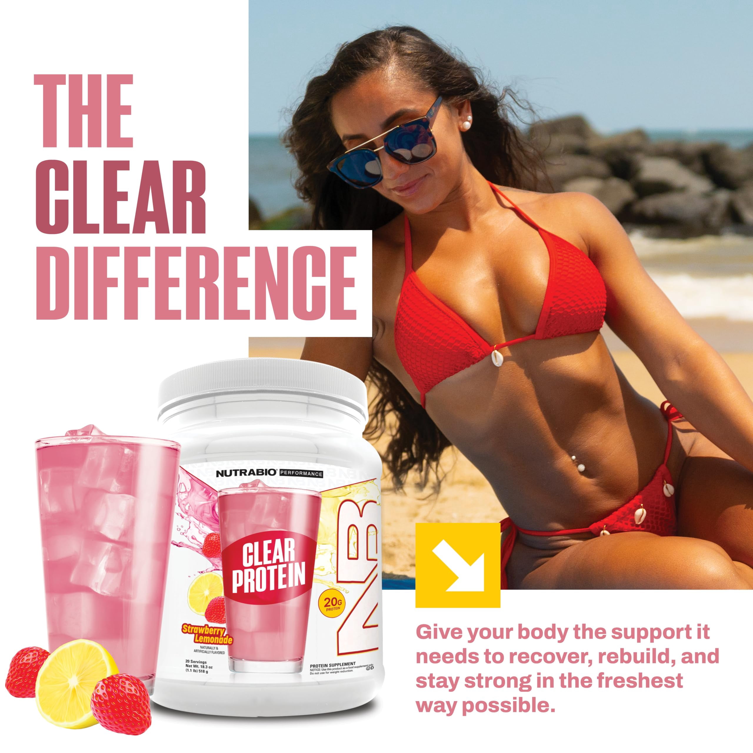 NutraBio Clear Whey Isolate Protein Powder, Delicious & Refreshing Fruit Flavors, Protein Juice, No Milky Taste, No Foam, Zero Sugar, Strawberry Lemonade, 20 Servings