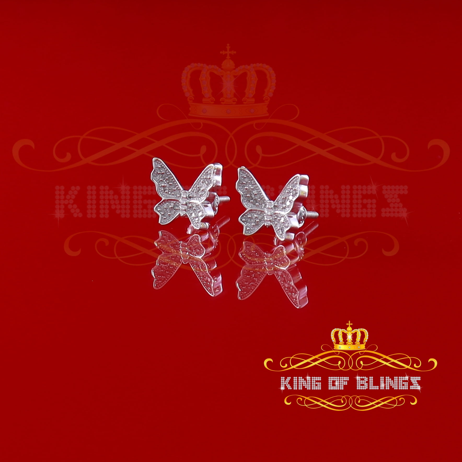King of Bling's Women's 0.15ct Real Diamond Butterfly Stud Earrings White 925 Sterling Silver