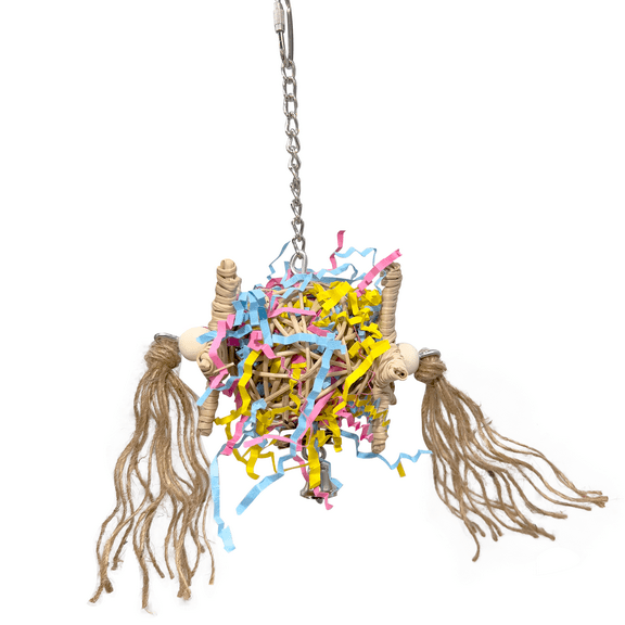 1084 Jute Star Shredder Mandarin Bird Toys by M&M - Colorful Pet Enticing Foraging Toy, Natural Woven Vine Stars and Sphere, Colorful Mixed Shred Paper