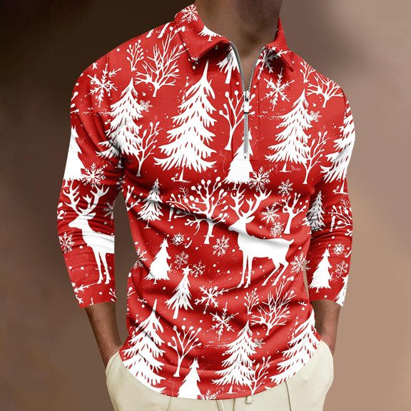 KeShDi Christmas Flannel Shirt for Men Christmas Printed Long Sleeved Lapel T-shirt Top Poloshirt Multicolor 2X
