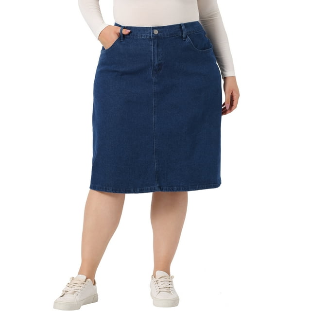 Falda de mezclilla para mujer de tallas grandes Agnes Orinda con bolsillos laterales, cintura elástica y abertura trasera, falda de jeans 1X azul oscuro
