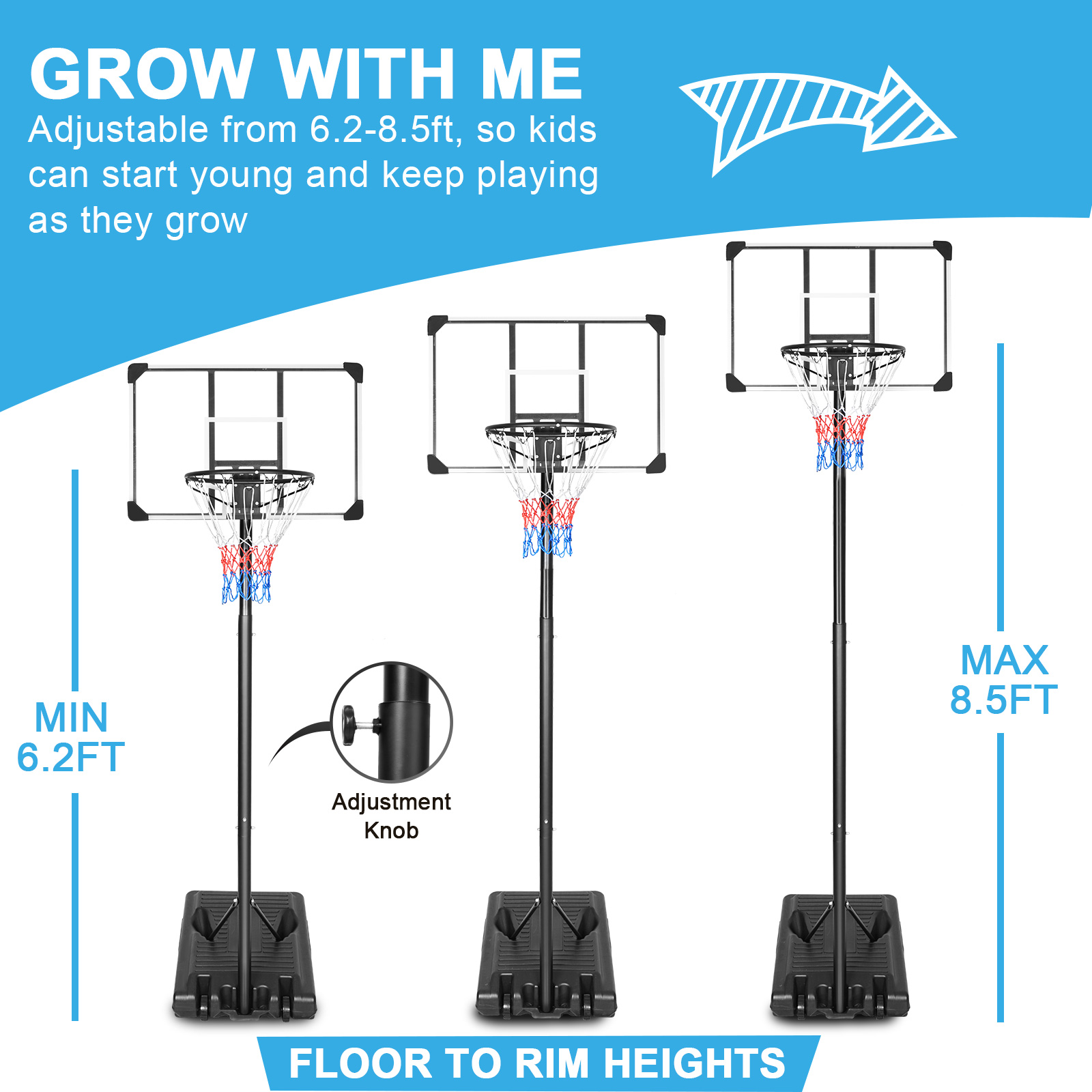 iRerts Portable Basketball Hoop for Teens Kids, Height Adjusted 6.2-8.5ft Indoor Basketball Goal System, Basketball Hoop Outdoor with Wheels and Backboard for Playground Backyard, Black - image 2 of 8